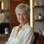 Femme de 70 ans avec une coupe pixie argentée dans un salon de coiffure parisien, style élégant adapté à la forme de son visage