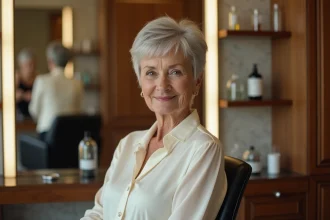 Femme de 70 ans avec une coupe pixie argentée dans un salon de coiffure parisien, style élégant adapté à la forme de son visage