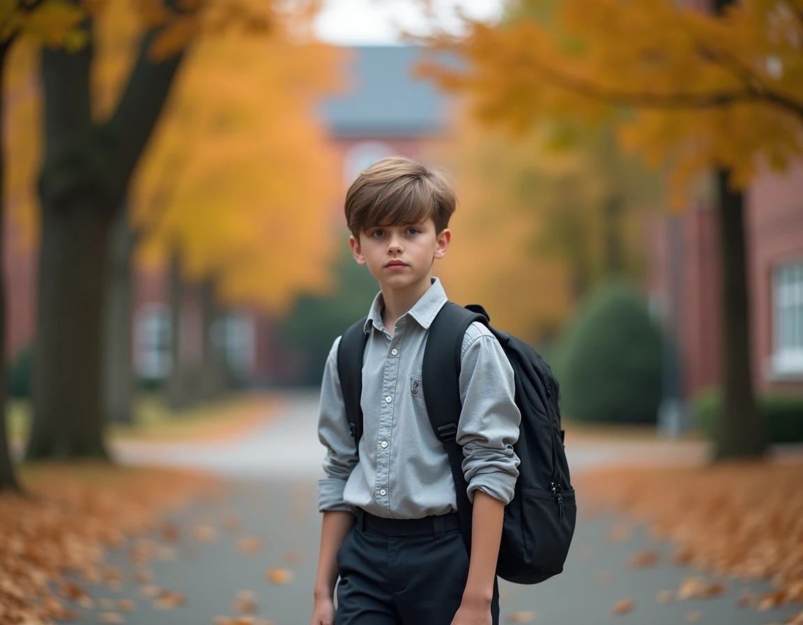 Garçon avec coiffure mèche sur le front marchant dans une allée d'école en automne