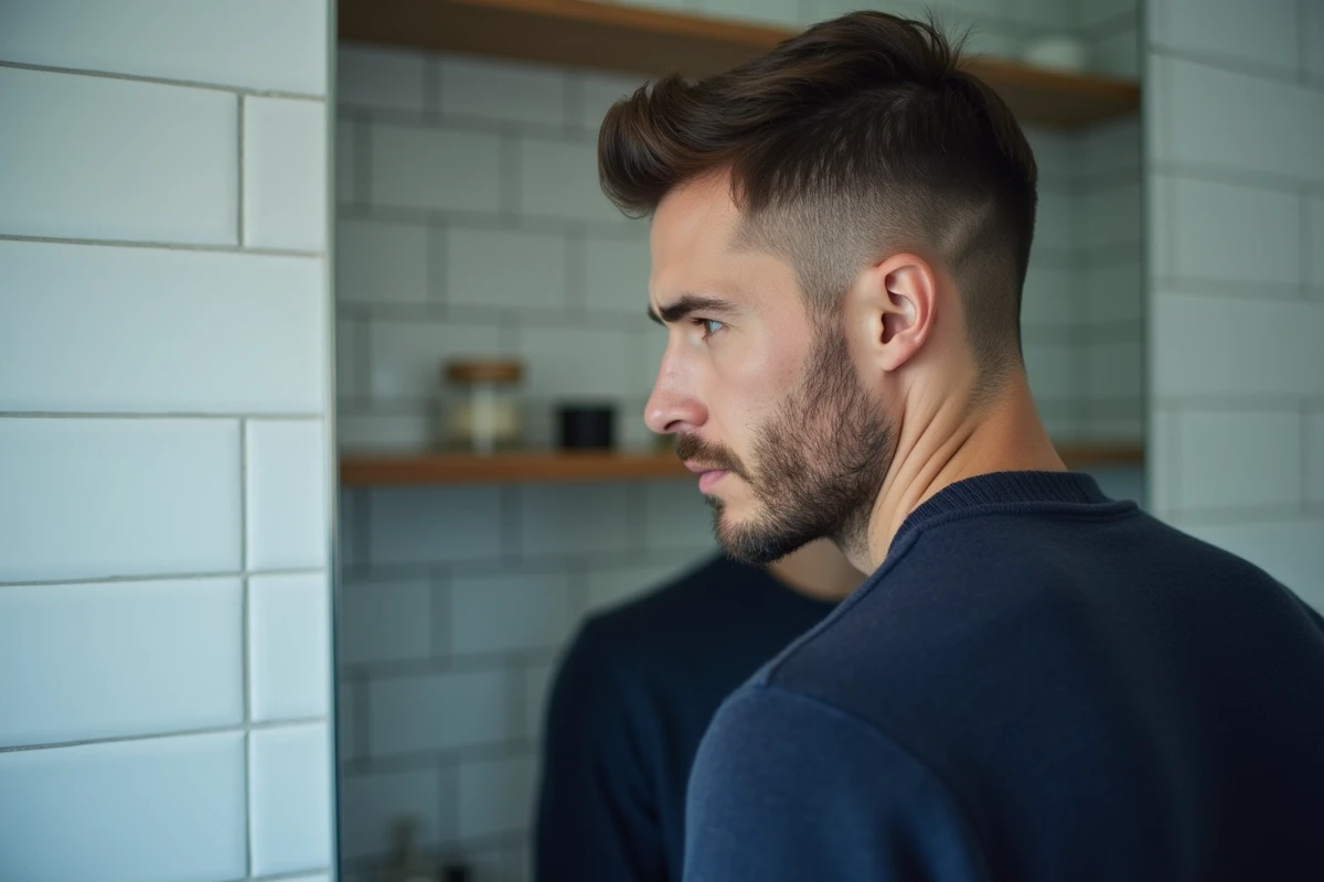 Homme d'une quarantaine d'années avec des cheveux fins coiffés avec une raie latérale et un effet volume naturel devant un miroir de salle de bain