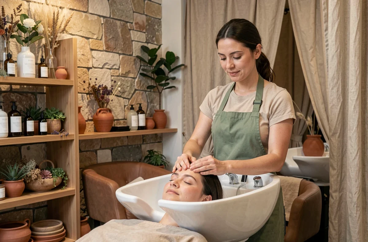 Soin capillaire sensoriel au salon Coiffures des Sens avec ambiance naturelle en pierre et lin et coiffeuse bienveillante