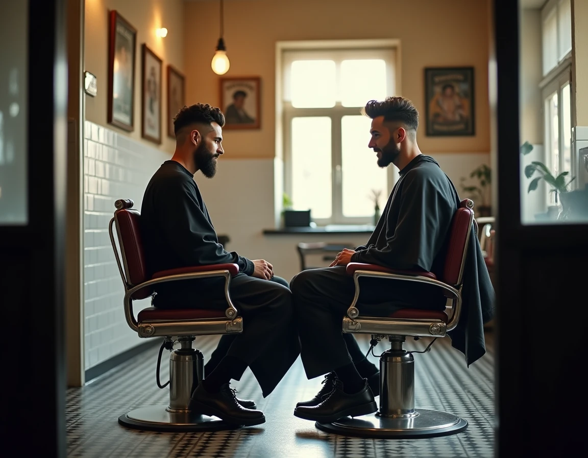 Deux hommes côte à côte dans un salon de coiffure italien traditionnel, comparant la coupe mafieux italienne et la coupe italienne classique