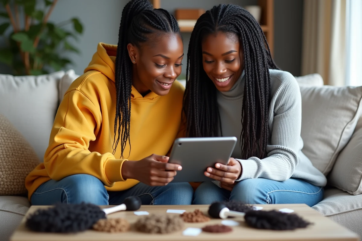 Deux femmes comparant ensemble des mèches afro pour choisir entre magasin et achat en ligne