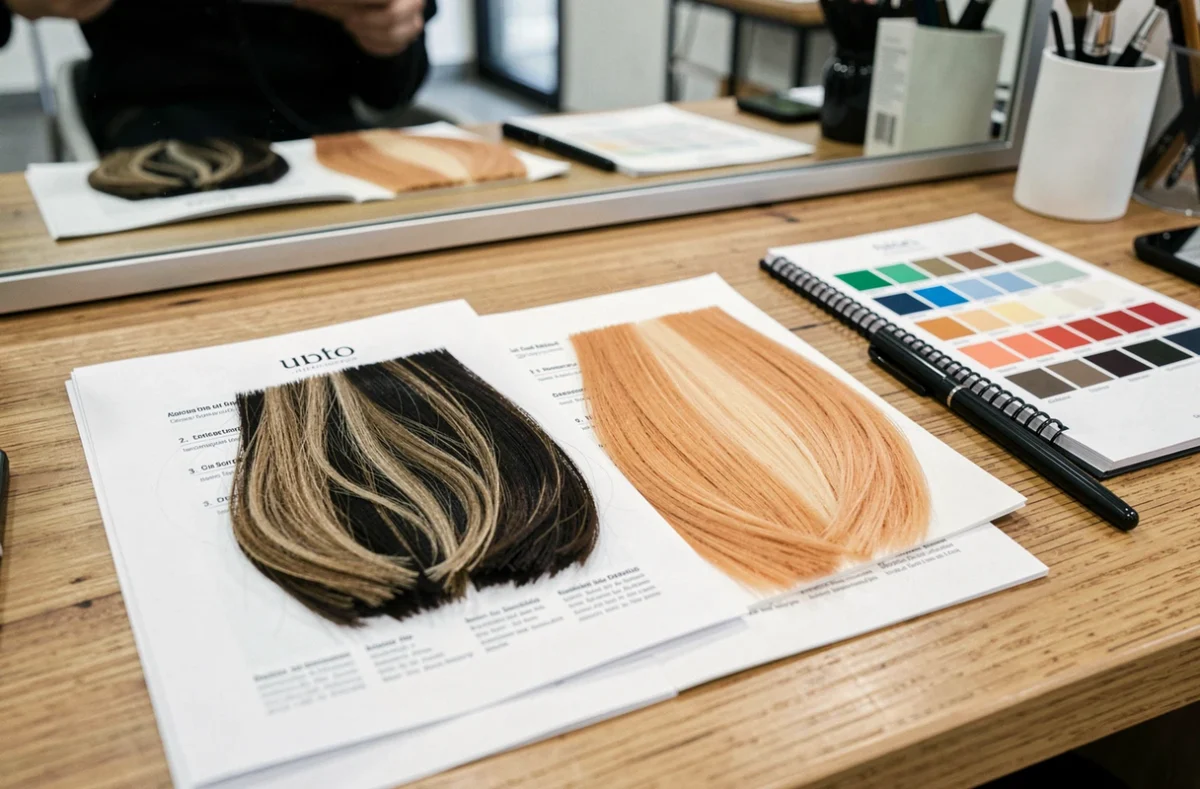 Comparaison visuelle de mèches et balayage sur échantillons capillaires posés sur un comptoir de salon