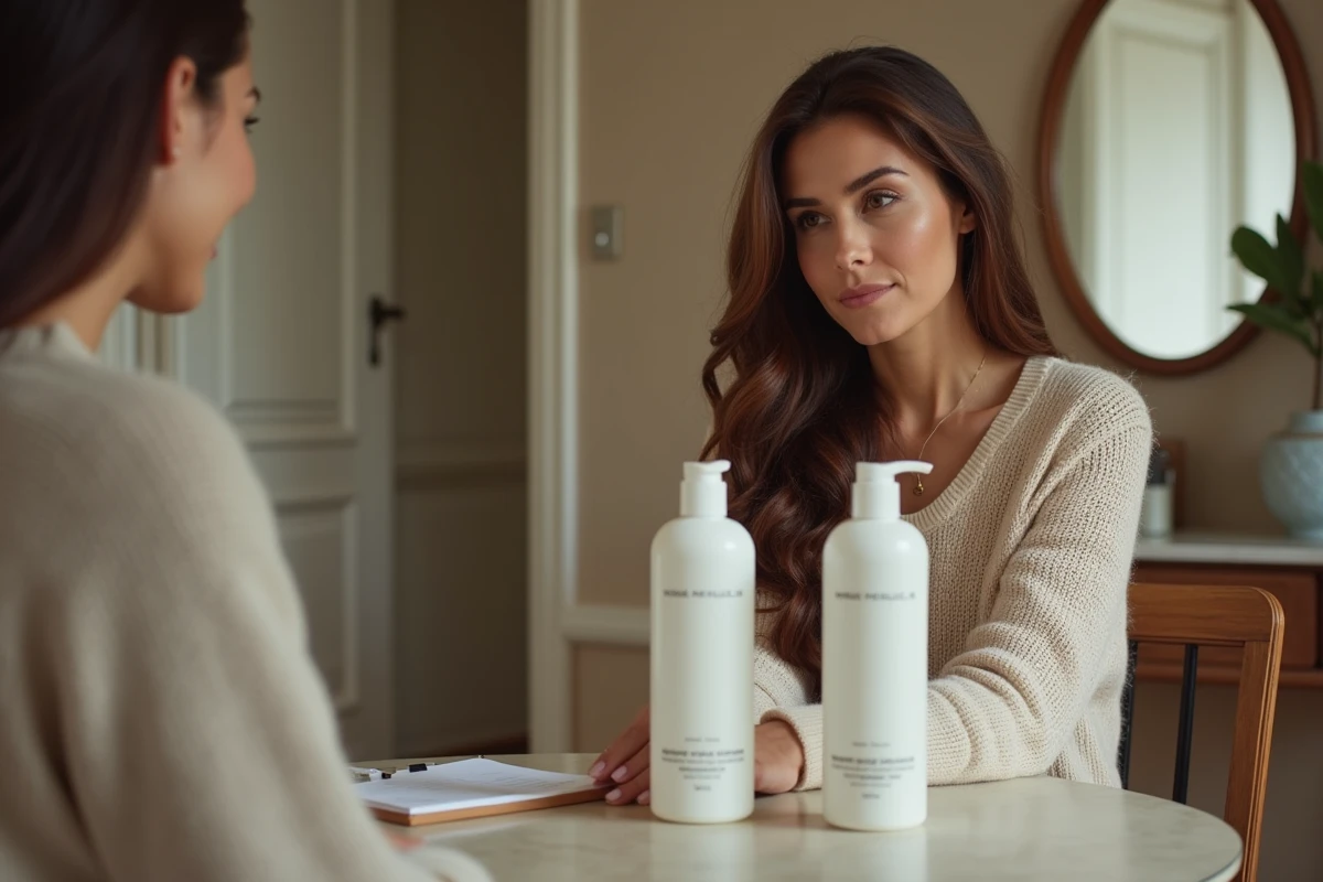 Femme mature comparant deux shampoings pour cheveux colorés sans paraben et sans sulfate dans un appartement parisien