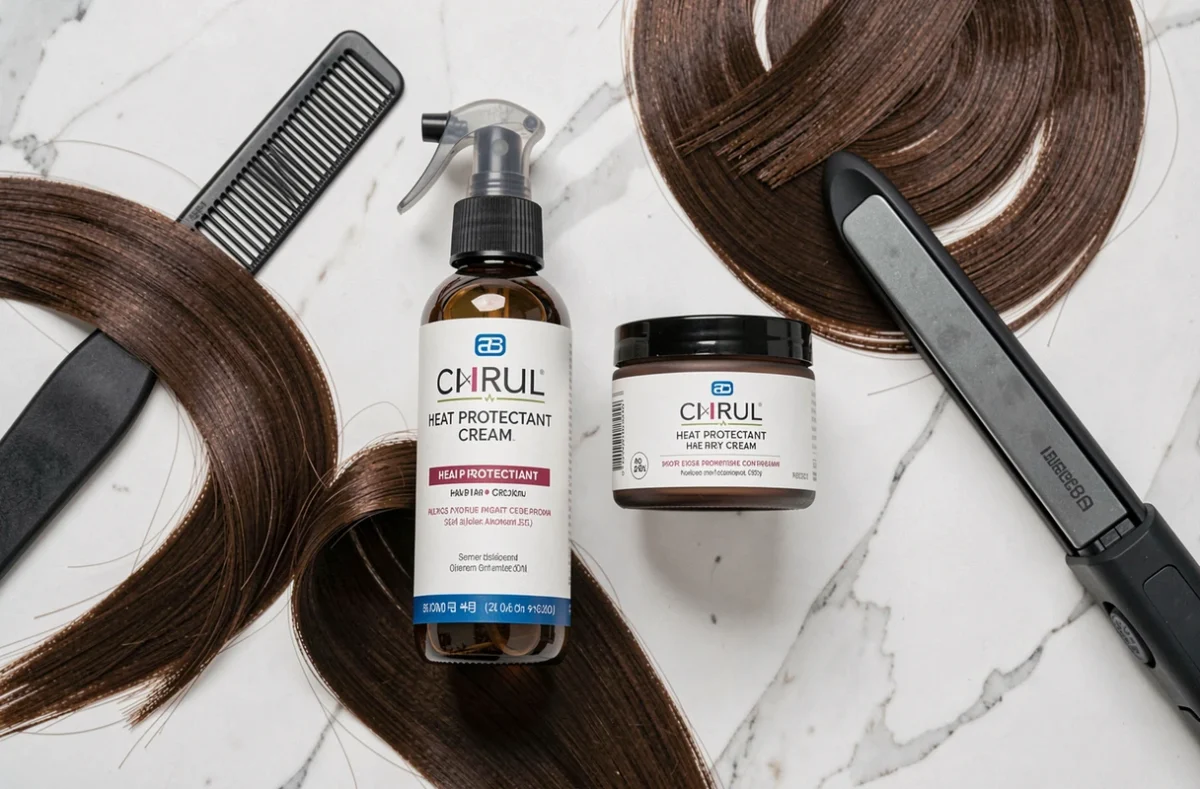 Comparaison entre spray et crème protectrice thermique pour cheveux sur fond de marbre blanc