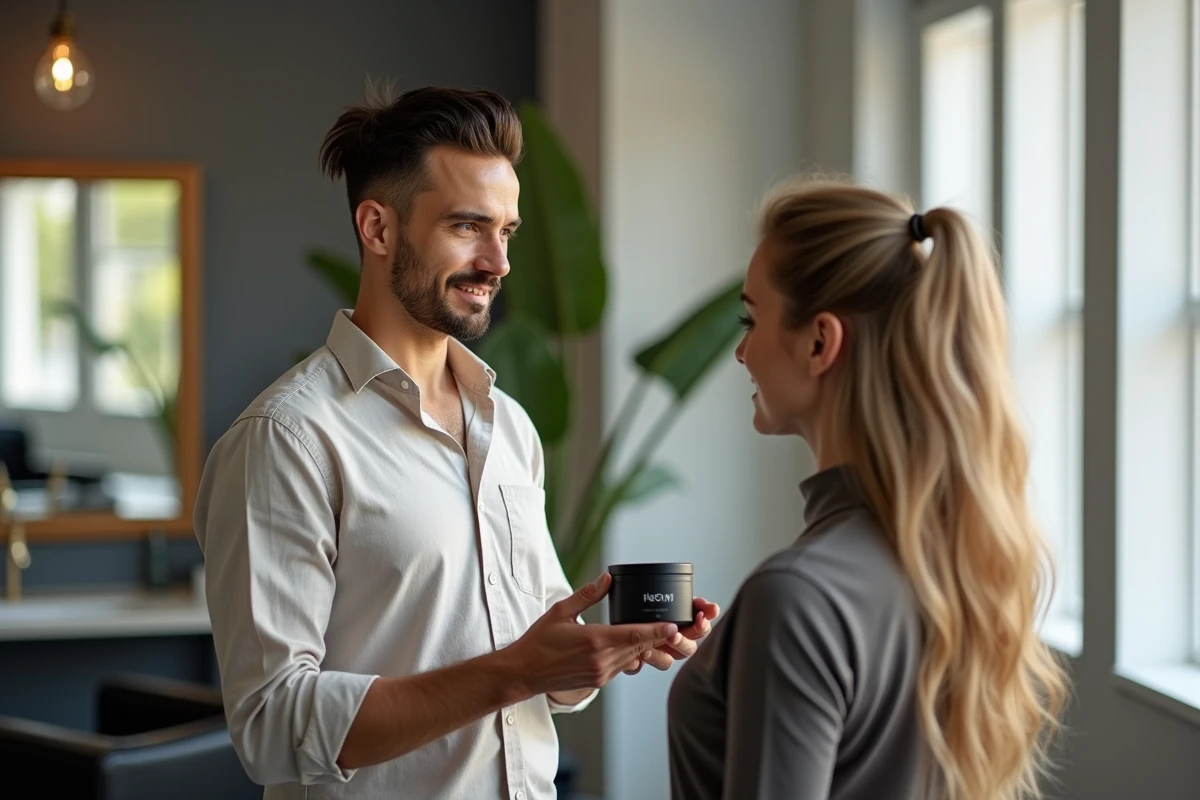 Styliste conseille soin capillaire à une cliente blonde