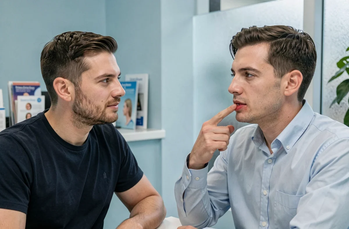 Homme consultant un professionnel de santé pour un piercing labret infecté en cabinet dermatologique