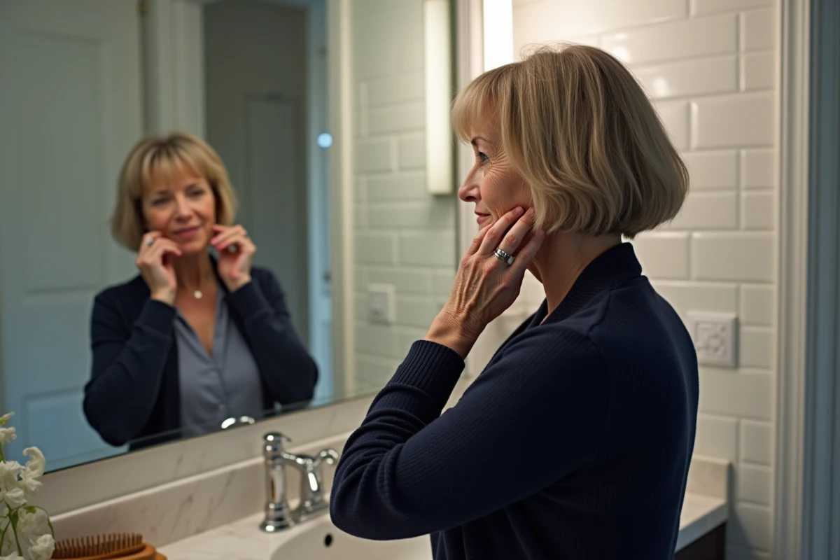 Femme de 62 ans avec un bob court ondulé adapté au visage rond, coiffant ses cheveux devant un miroir de salle de bain