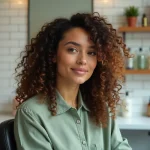 Femme aux cheveux longs bouclés avec coupe en couches dans un salon de coiffure moderne