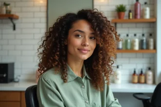 Femme aux cheveux longs bouclés avec coupe en couches dans un salon de coiffure moderne