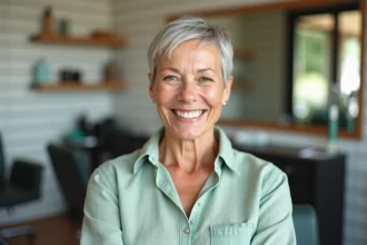 Femme de 60 ans avec une coupe courte pixie cut adaptée à un visage rond, assise dans un salon de coiffure moderne