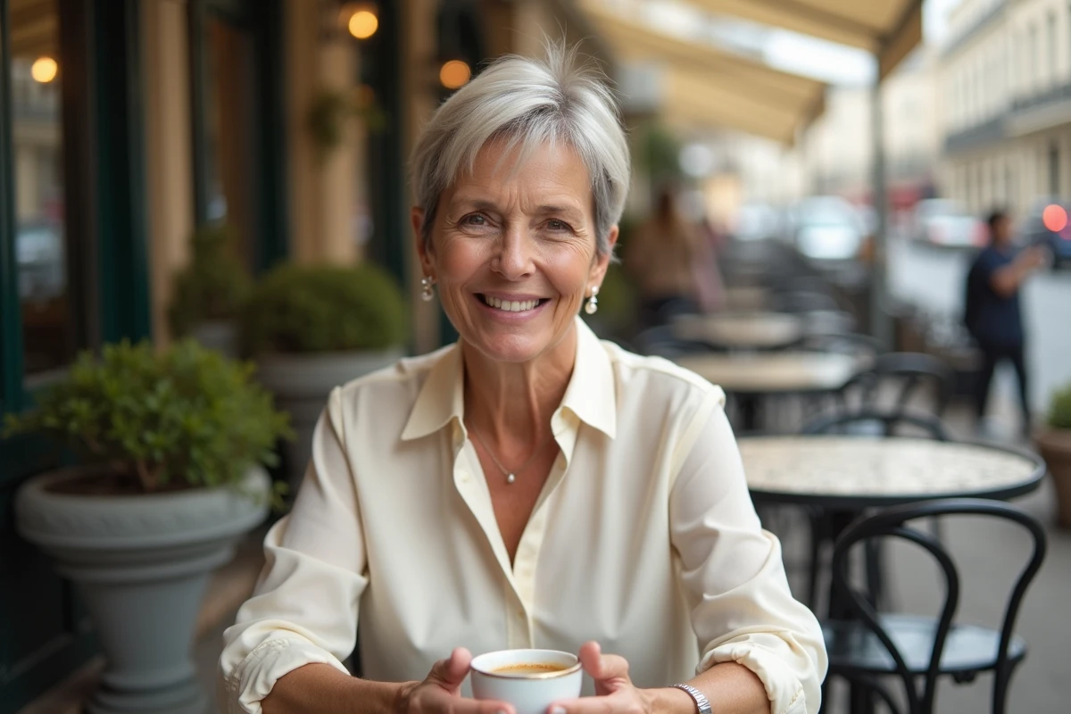 Femme de 60 ans arborant une coupe dégradée courte élégante pour visage rond, attablée en terrasse de café parisien