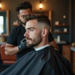Homme recevant une coupe fade taper dans un barbershop moderne, vue en 3/4 arrière montrant le dégradé net sur les côtés