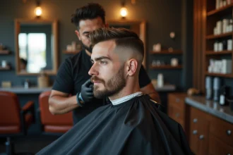 Homme recevant une coupe fade taper dans un barbershop moderne, vue en 3/4 arrière montrant le dégradé net sur les côtés