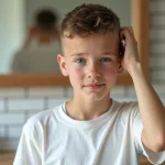 Jeune garçon adolescent avec une coupe courte texturée facile à coiffer devant un miroir de salle de bain