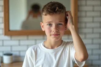 Jeune garçon adolescent avec une coupe courte texturée facile à coiffer devant un miroir de salle de bain