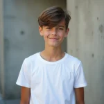 Adolescent avec coupe de cheveux garçon et mèche sur le front devant un mur urbain en béton