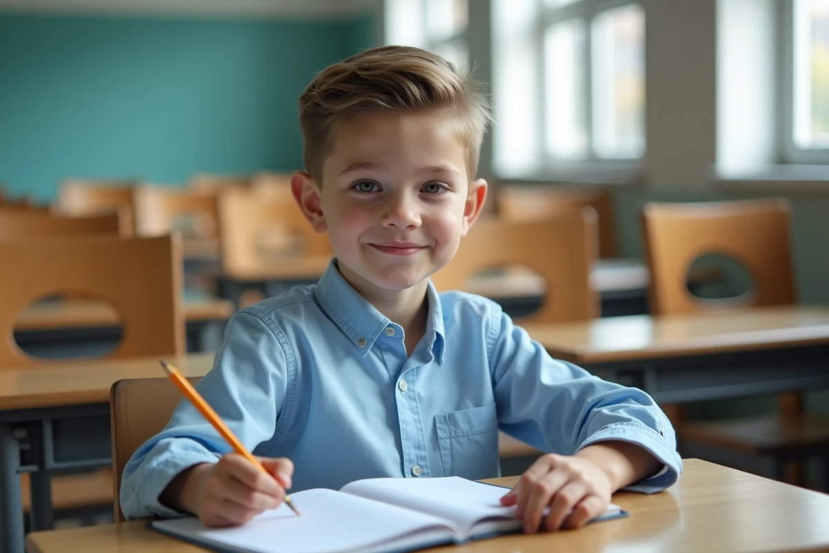 Garçon de 10 ans avec une coupe raie sur le côté facile à coiffer assis à un bureau scolaire