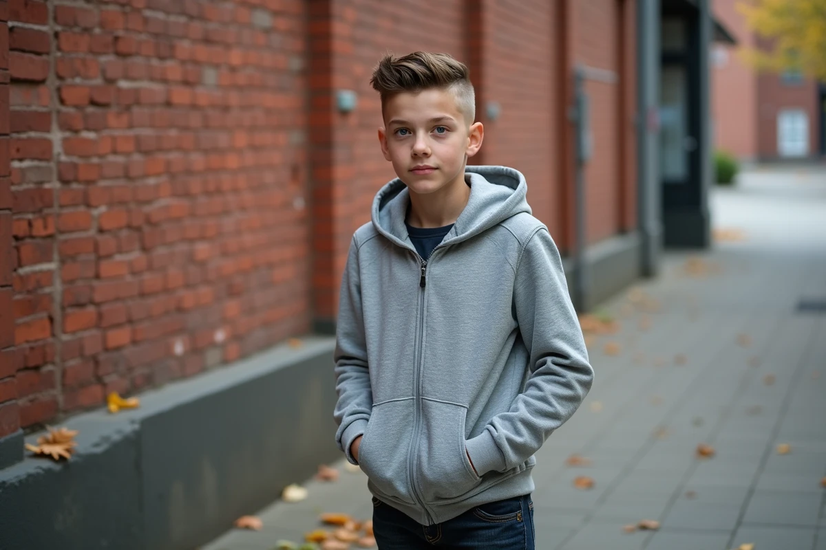 Adolescent avec une coupe undercut fade moderne facile à entretenir dans un décor urbain en automne