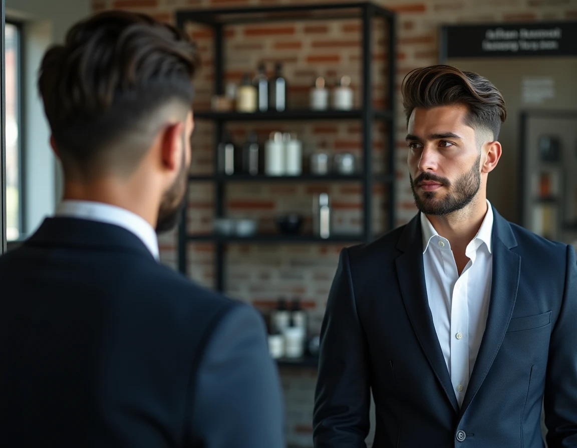 Jeune homme à la coupe italienne classique volumineuse observant son reflet dans le miroir d'un salon de coiffure moderne en brique apparente