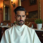 Homme aux cheveux noirs coiffés en style mafieux italien dans un salon de coiffure vintage aux murs en terre cuite, se faisant affiner la nuque au rasoir