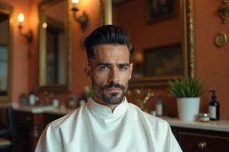 Homme aux cheveux noirs coiffés en style mafieux italien dans un salon de coiffure vintage aux murs en terre cuite, se faisant affiner la nuque au rasoir