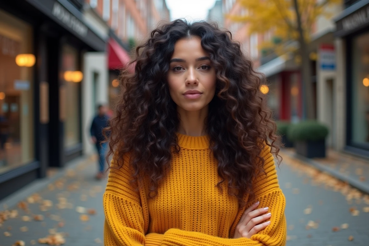 Femme avec une coupe shaggy longue bouclée en extérieur dans une rue pavée en automne