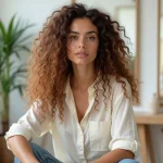 Femme aux cheveux bouclés longs coupés en shaggy avec des couches effilées et des boucles naturelles volumineuses