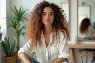 Femme aux cheveux bouclés longs coupés en shaggy avec des couches effilées et des boucles naturelles volumineuses