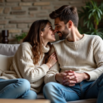 Couple assis sur un canapé cosy en train de se chuchoter