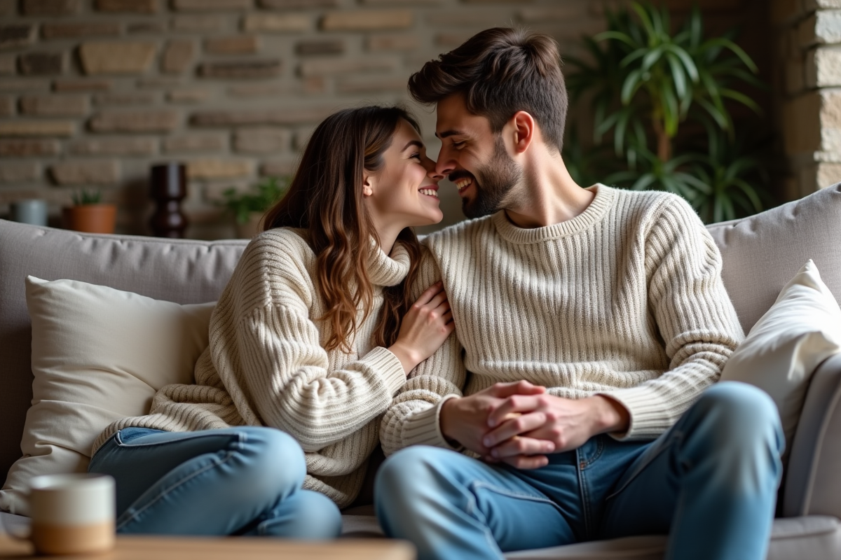Couple assis sur un canapé cosy en train de se chuchoter