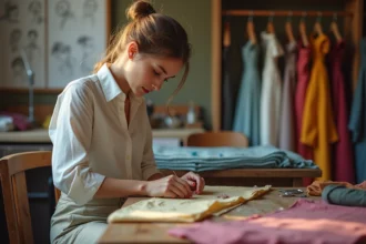 Jeune couturière en atelier créatif et lumineux