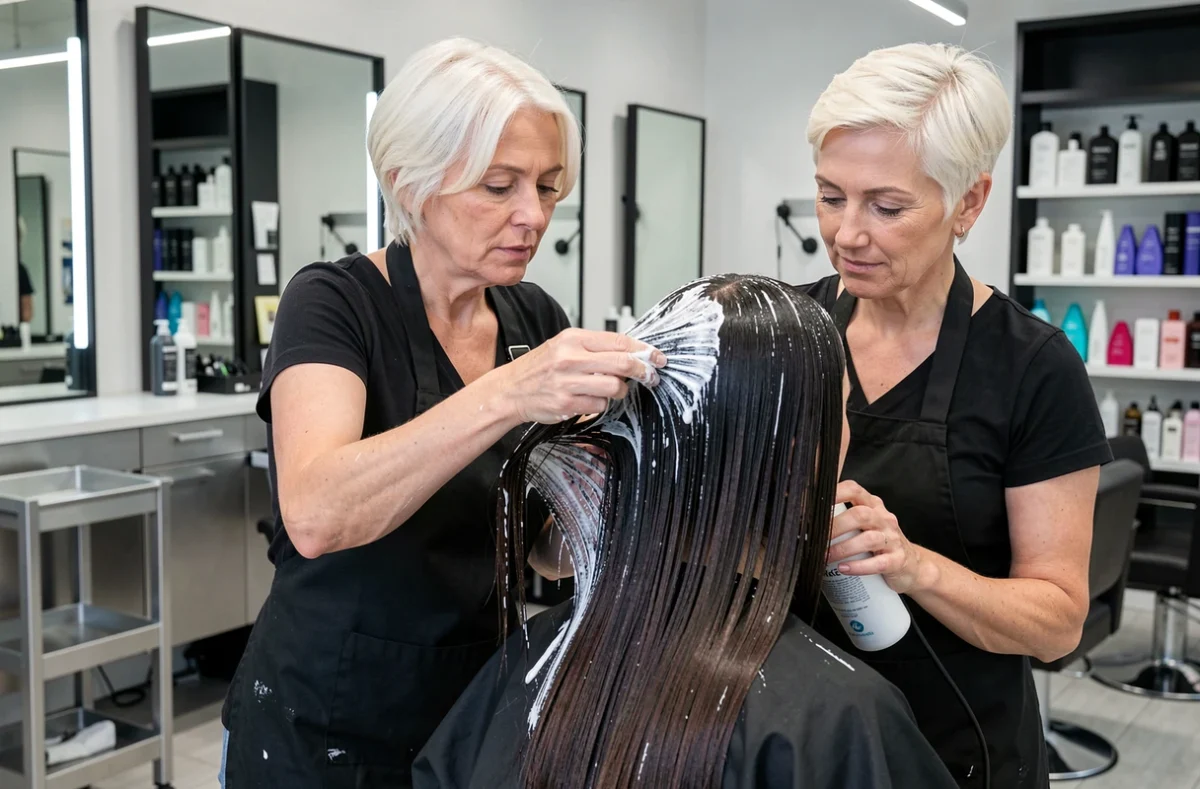 Coiffeuse professionnelle appliquant une crème protectrice thermique sur les cheveux d'une cliente en salon