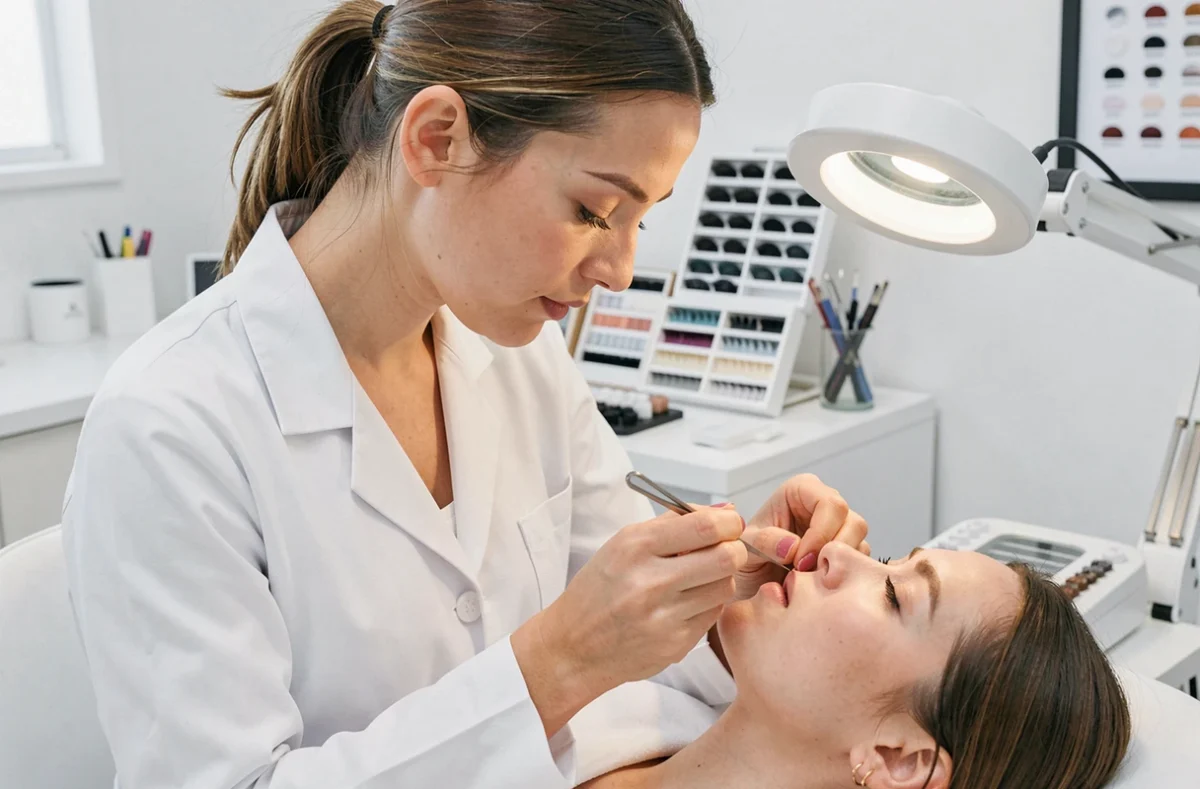Pose d'extensions de cils dans un salon d'onglerie et beauté spécialisé à Caen
