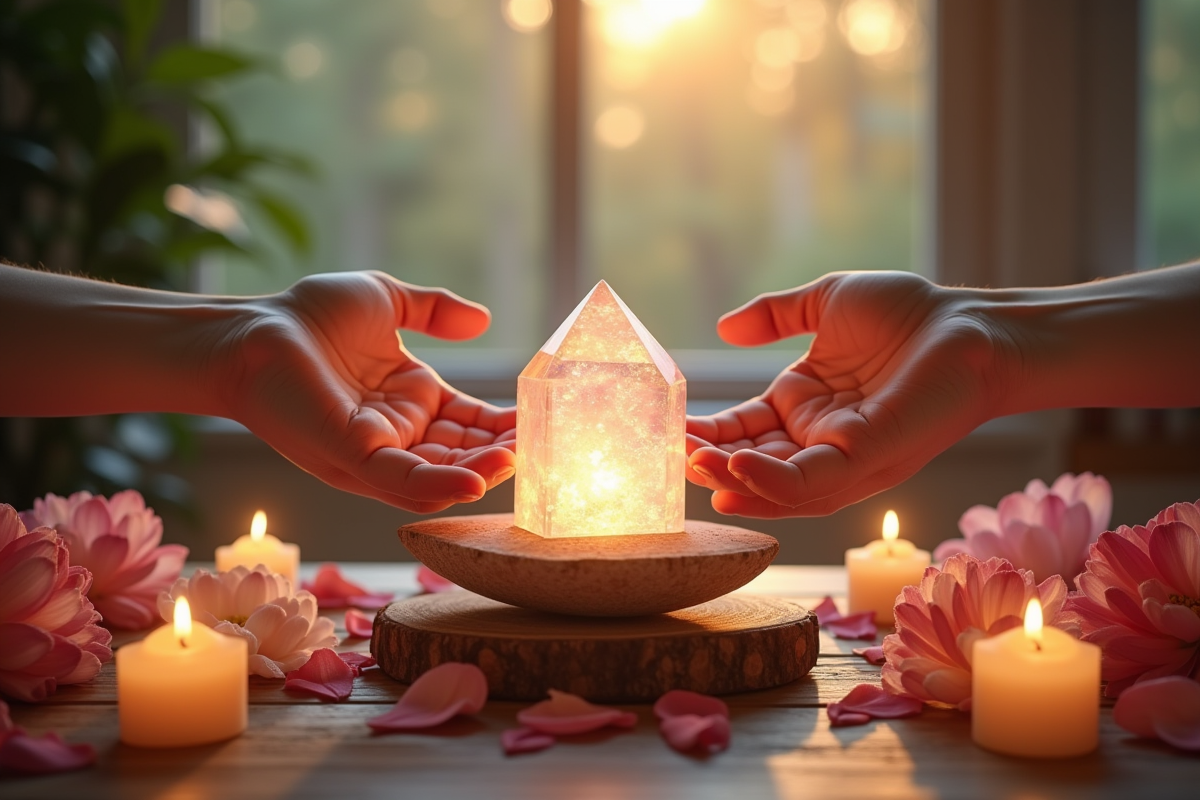 Mains au-dessus d un cristal lumineux entouré de fleurs