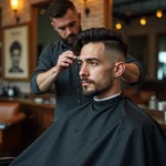Homme en train de se faire faire un dégradé raie sur le côté par un coiffeur dans un salon de barbier vintage