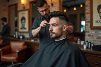 Homme en train de se faire faire un dégradé raie sur le côté par un coiffeur dans un salon de barbier vintage