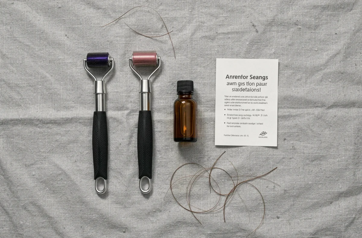 Flat lay de dermarollers pour cheveux de différentes tailles avec sérum capillaire sur fond de lin gris, guide visuel pour hommes et femmes