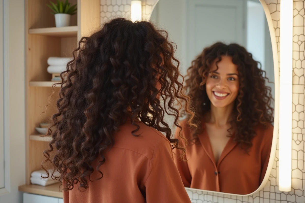 Coupe deva cut sur cheveux bouclés longs vue de profil dans une salle de bain scandinave