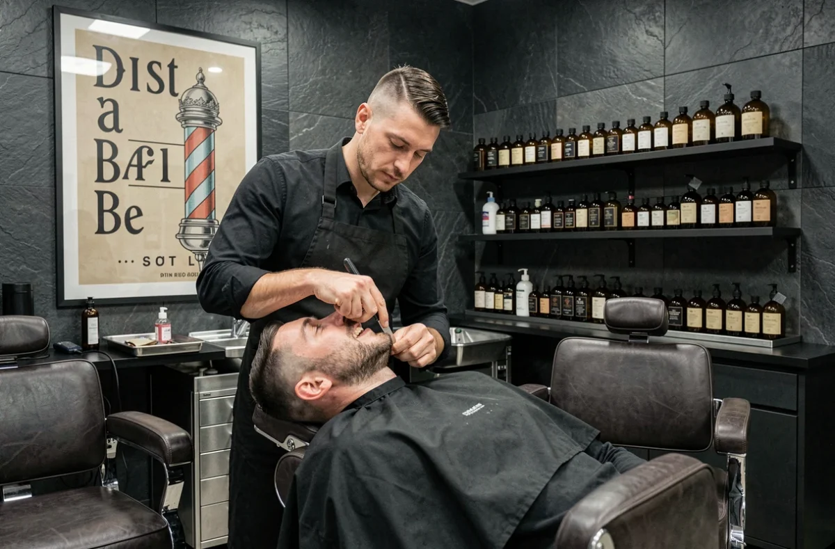 Barbier utilisant un rasoir droit sur un client dans le barbershop District Barber Lyon avec décor sombre et cuir vintage