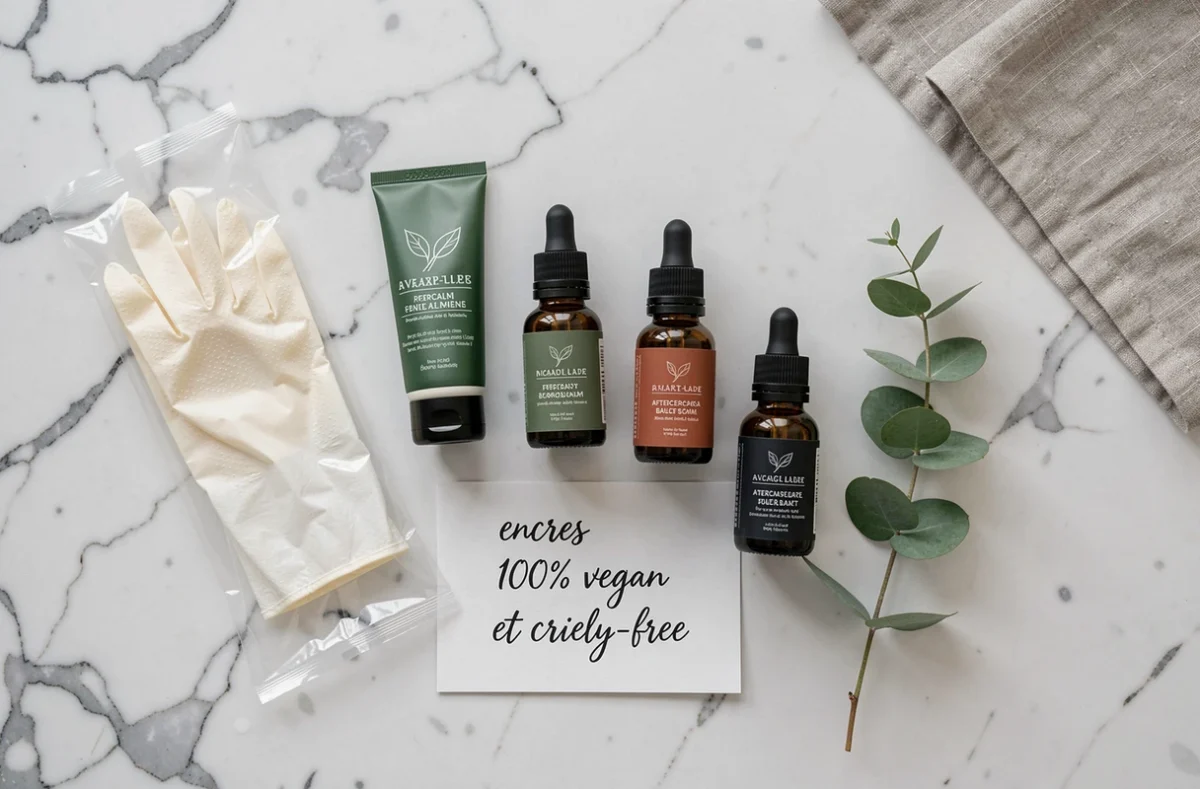 Produits de tatouage vegan disposés en flat-lay : encres naturelles, baume aftercare et accessoires cruelty-free sur marbre blanc