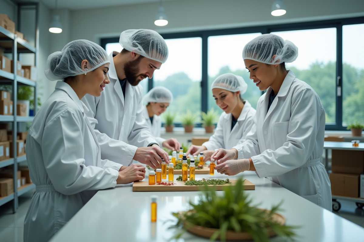 Groupe de techniciens inspectant des flacons d