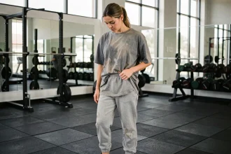 Femme en tenue de sport inadaptée dans une salle de gym moderne, illustrant les erreurs vestimentaires à éviter lors de la pratique de la gym