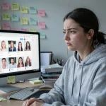 Jeune femme contemplant des portraits filtrés sur les réseaux sociaux, illustrant l'influence des algorithmes sur les standards de beauté