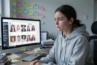 Jeune femme contemplant des portraits filtrés sur les réseaux sociaux, illustrant l'influence des algorithmes sur les standards de beauté