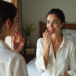 Femme appliquant du rouge à lèvres dans un miroir de chambre