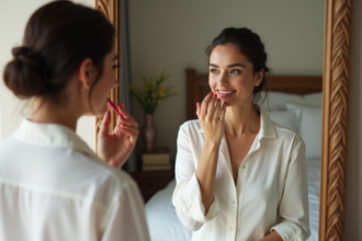 Femme appliquant du rouge à lèvres dans un miroir de chambre
