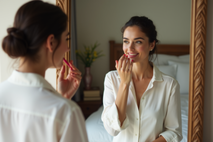 Femme appliquant du rouge à lèvres dans un miroir de chambre