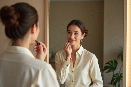 Femme confiante appliquant du rouge à lèvres dans une chambre élégante